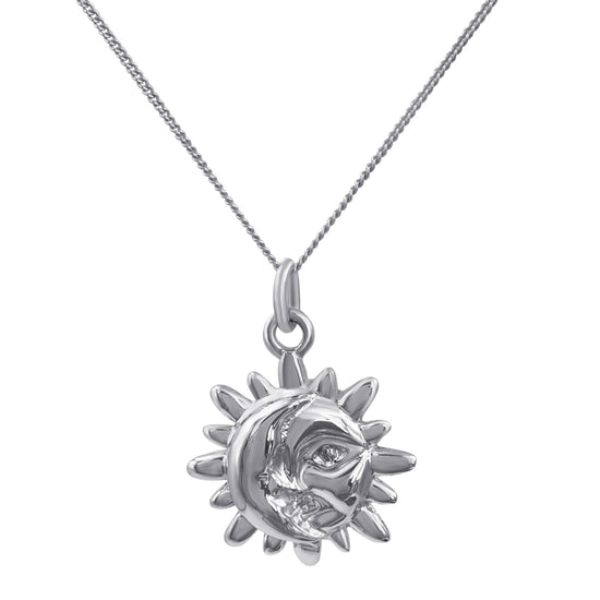 Sterling Silver Large Crescent Moon Sun Pendant Curb Chain Necklace