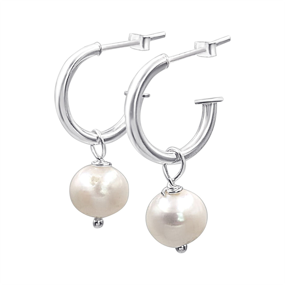 Sterling Silver Freshwater Pearl Hoop Earrings - Gemstone Drop Style