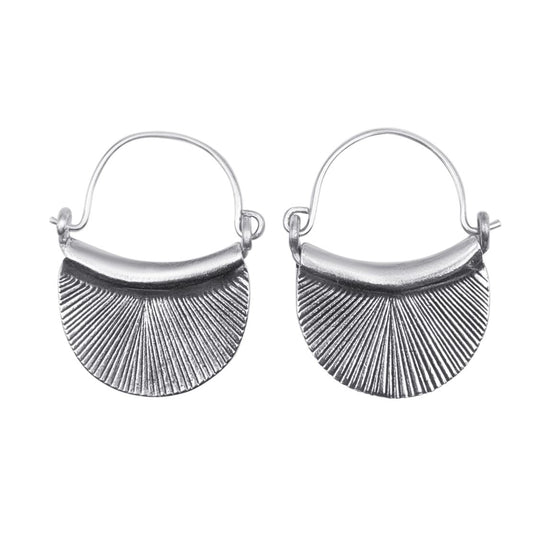 Hill Tribe Silver Crescent Hoops Artisan Tribal Motif Dangle Earrings