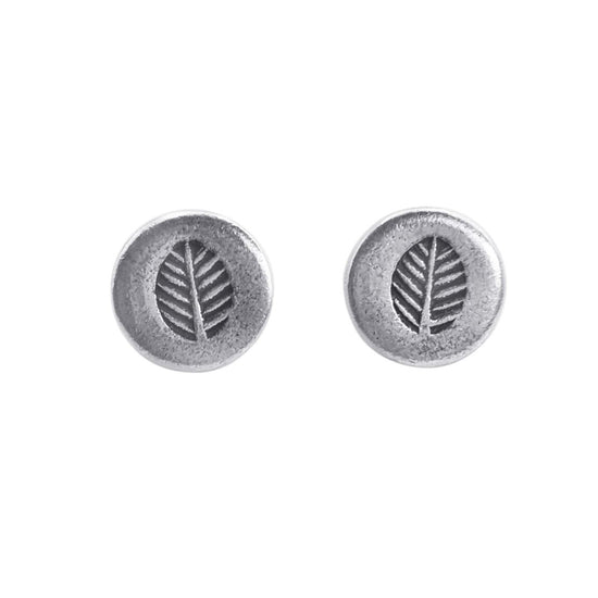 Hill Tribe Silver Round Feather Stamped Studs - Leaf Engraved Stud Earrings