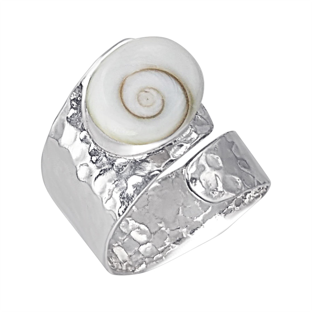 Sterling Silver Wide Hammered Shiva Eye Shell Ring - Wraparound Design