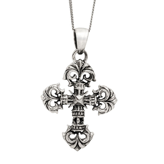 Sterling Silver Large Baroque Cross Necklace - Gothic Fleur-De-Lis Pendant