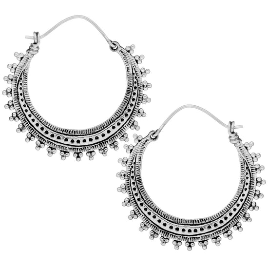 Sterling Silver Rawa Work Mandala Hoop Earrings – Textured Indian Design