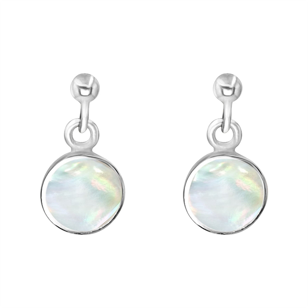 Sterling Silver Round Mother of Pearl Drop Earrings - Gemstone Studs