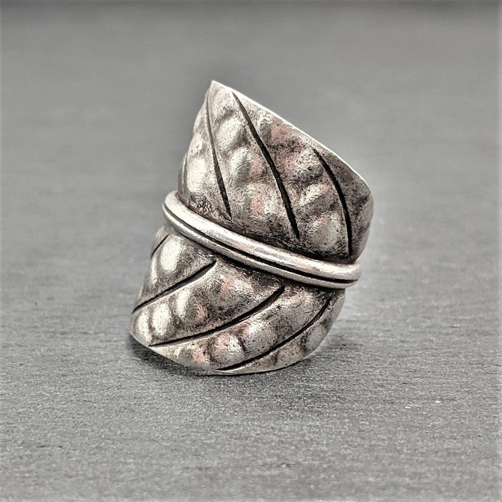 
                  
                    Karen Hill Tribe Silver Wide Leaf Hammered Ring
                  
                