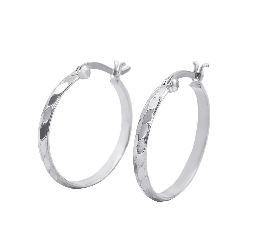 Sterling Silver Medium Hoop Earrings Diamond Cut Hoop Earrings Flat Edge