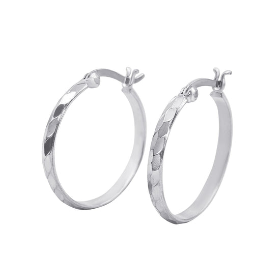 Sterling Silver Medium Hoop Earrings Diamond Cut Hoop Earrings Flat Edge