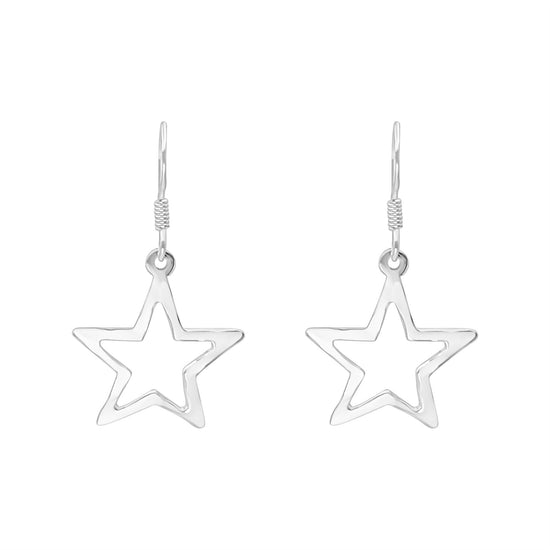 Sterling Silver Hammered Open Star Dangle Earrings - Celestial Design