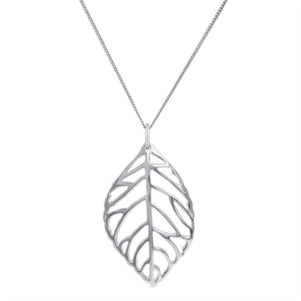 Sterling Silver Large Cut-Out Leaf Pendant Curb Chain Necklace