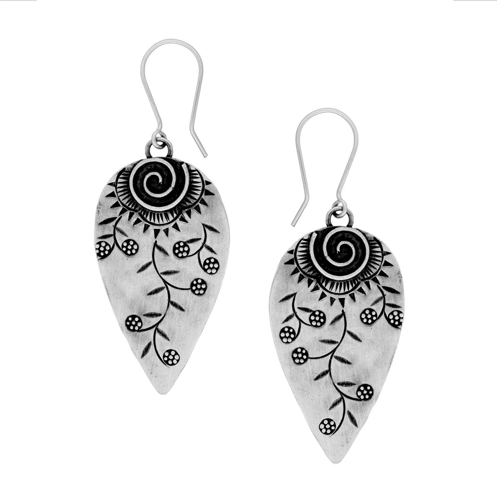 Karen Hill Tribe Silver Flower Engraved Leaf Dangle Earrings