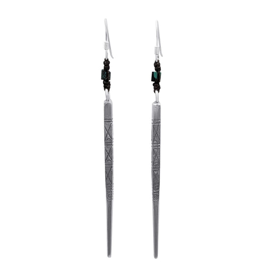 Hill Tribe Silver Long Bar Beaded Drop Earrings Turquoise Bead