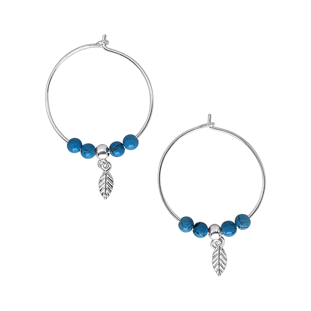 Sterling Silver Turquoise Bead Hoop Earrings - 25mm Leaf Charm Hoops