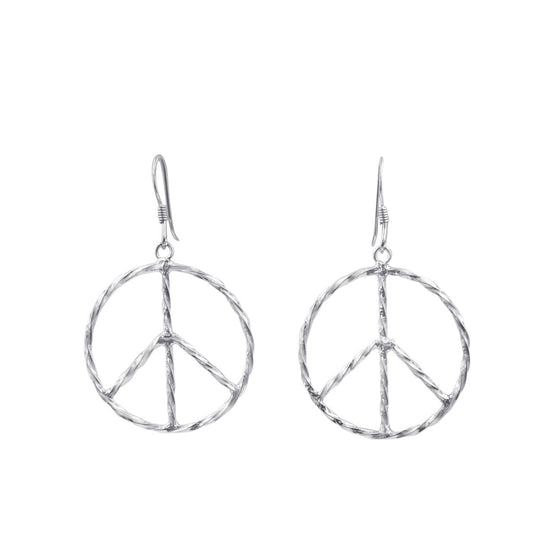 Sterling Silver Twisted Large Peace Symbol Dangle Earrings - Textured Hoops