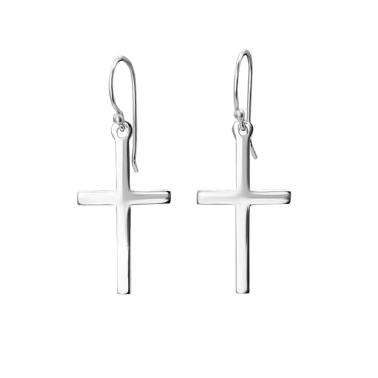 Sterling Silver Small Cross Dangle Earrings - Simple Polished Design