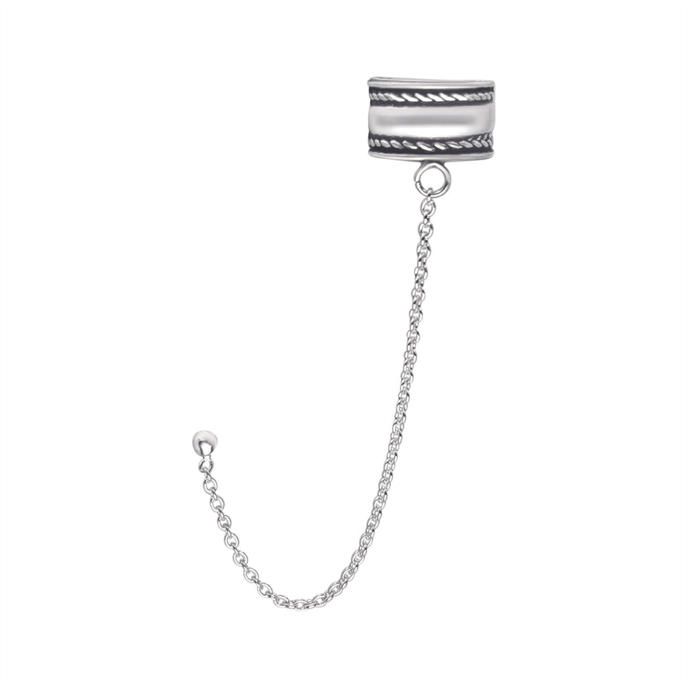 Sterling Silver Barrel Ear Cuff With Chain Connected Stud Earring