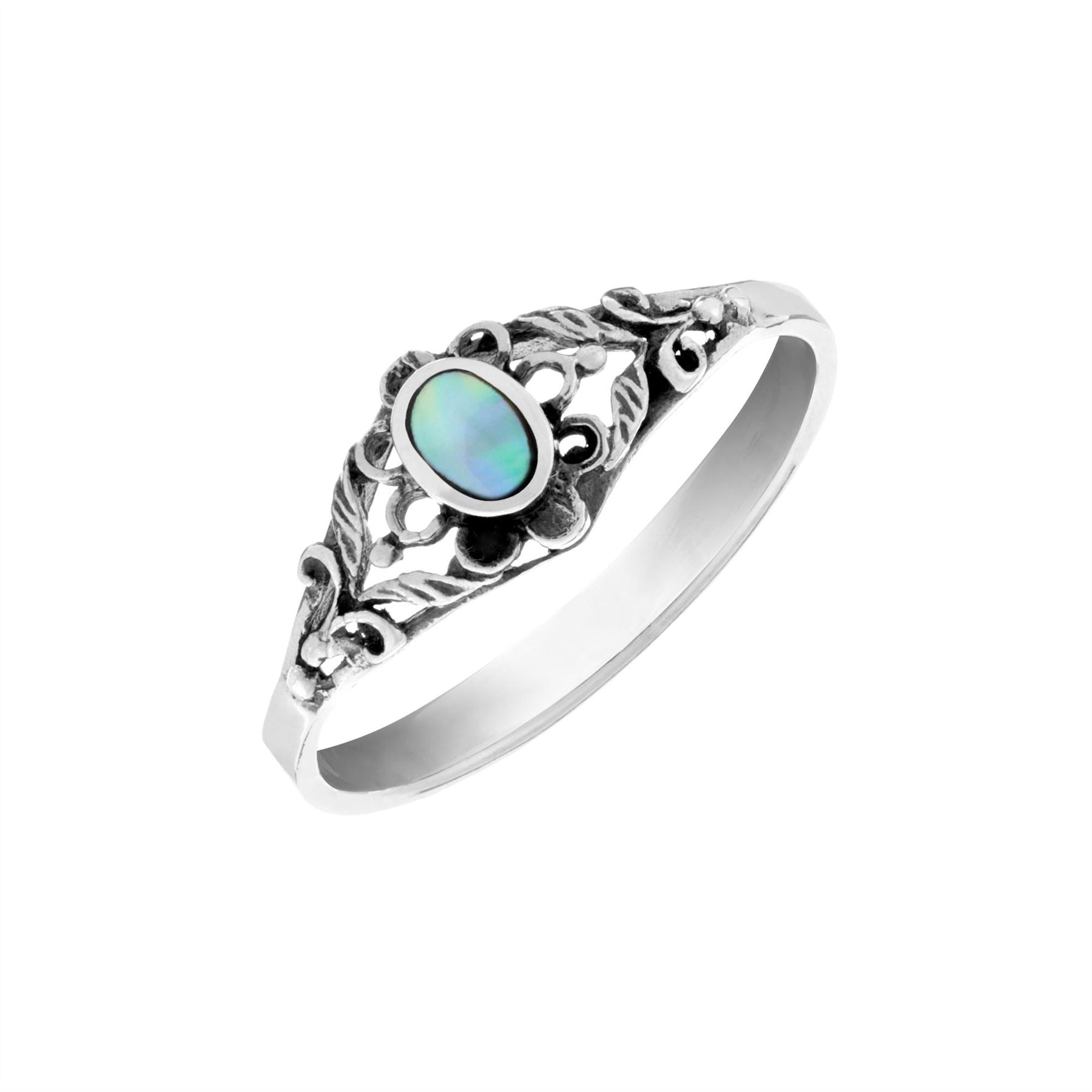 Sterling Oval Abalone Floral Filigree Ring Vintage Style Band