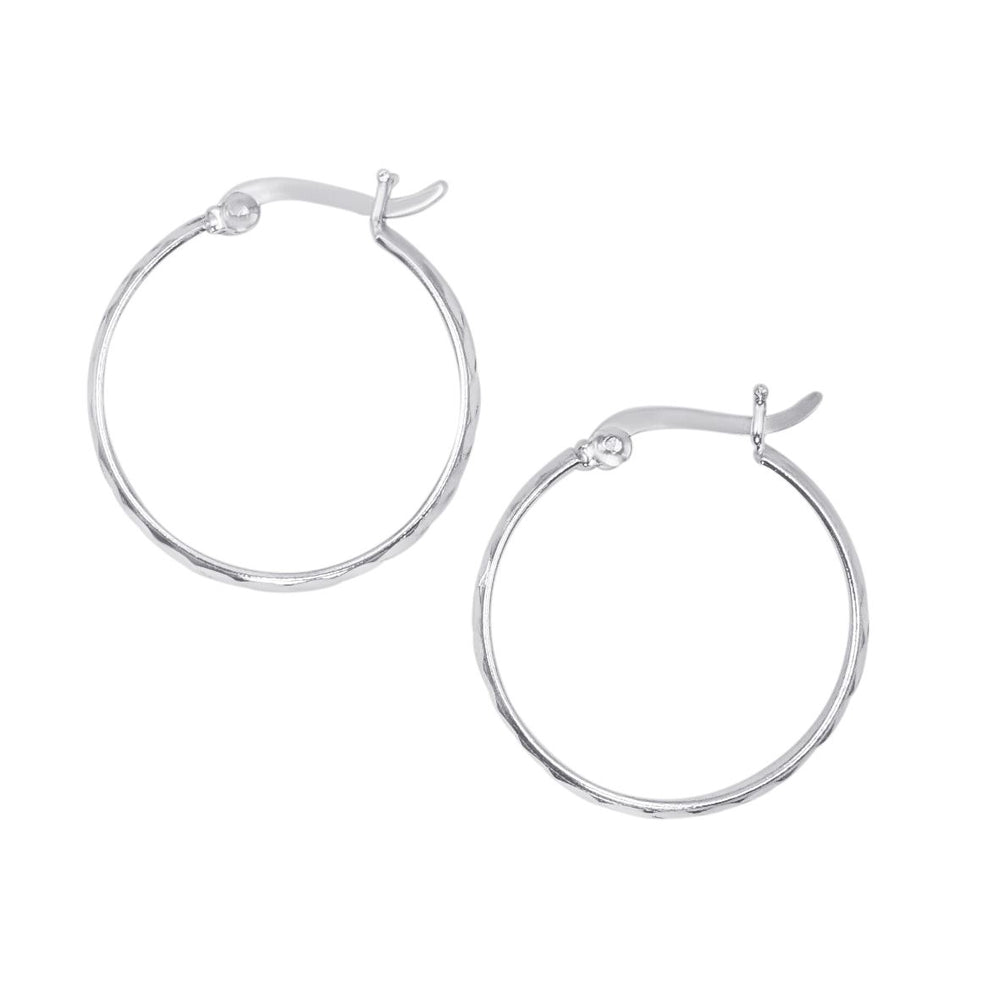 Sterling Silver Medium Hoop Earrings Diamond Cut Hoop Earrings Flat Edge