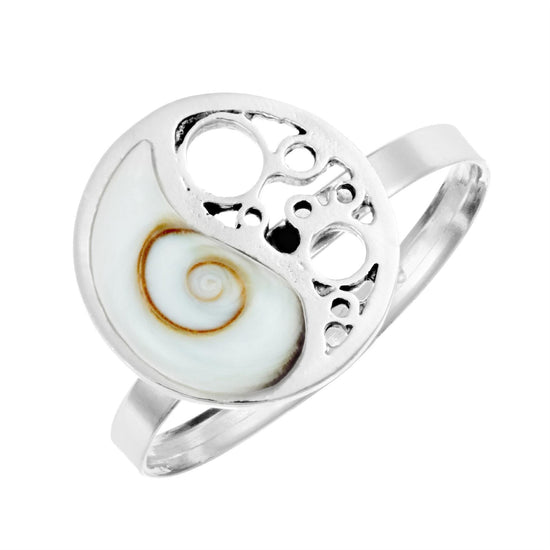 Sterling Silver Shiva Eye Shell Filigree Yin Yang Ring - Adjustable Band