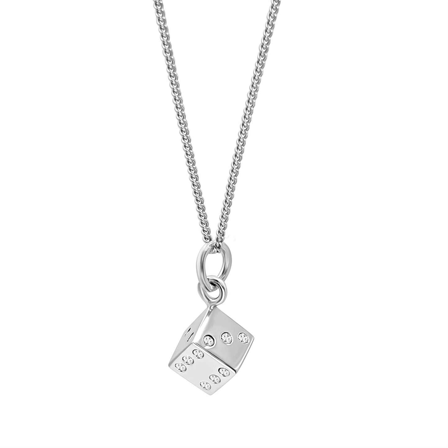 A sterling silver dice-shaped pendant on a fine curb chain.