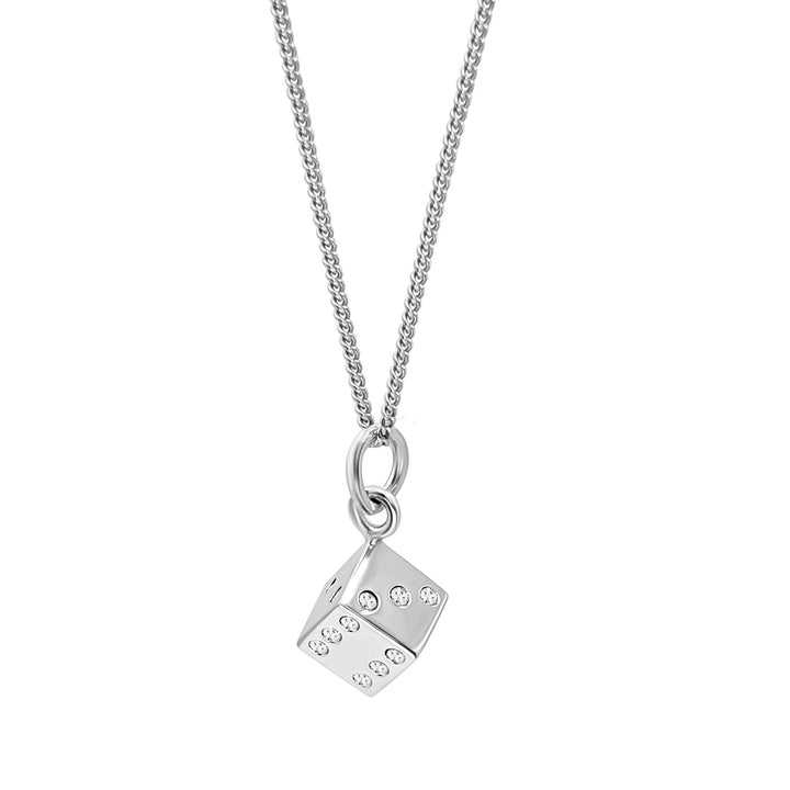 A sterling silver dice-shaped pendant on a fine curb chain.
