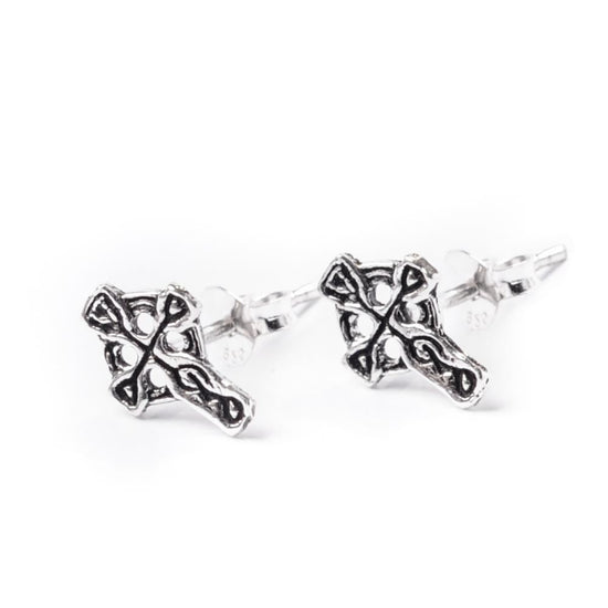 Sterling Silver Small Celtic Cross Stud Earrings - Tiny Gothic Studs