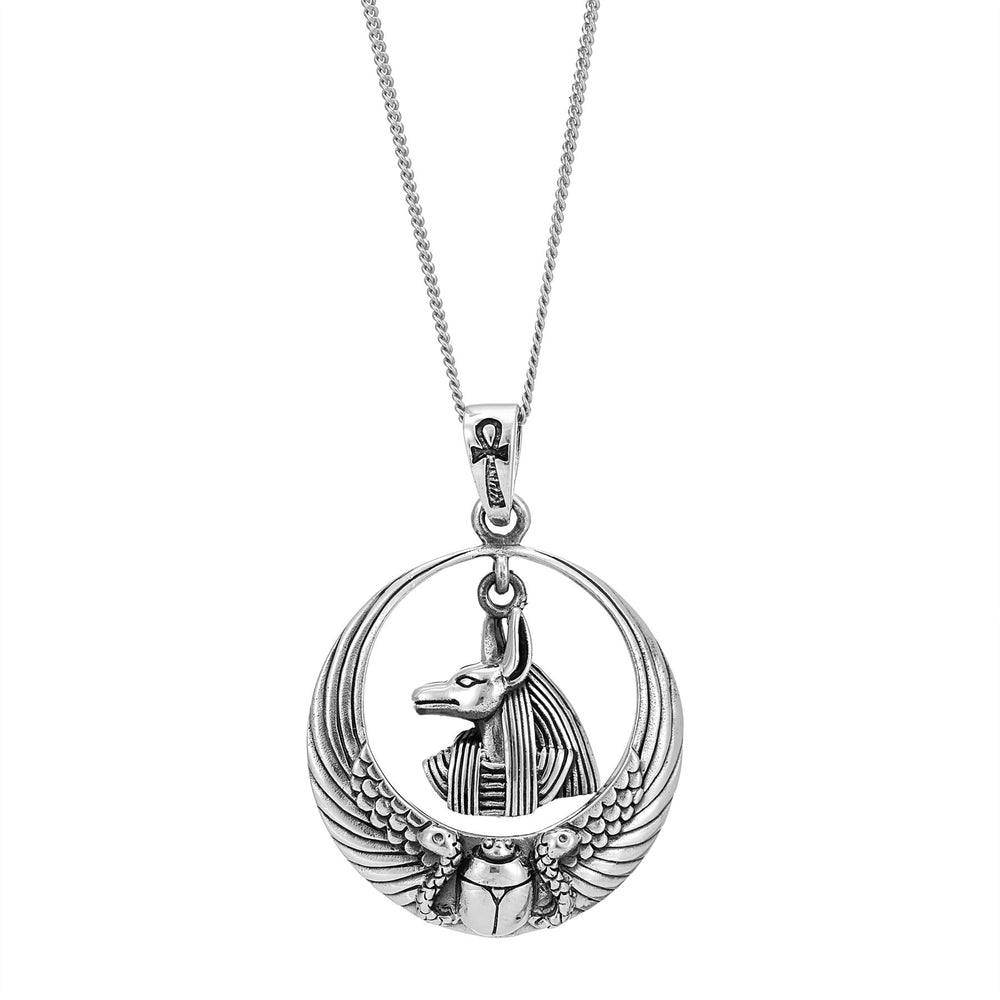 Sterling Silver Large Winged Scarab Beetle & Anubis Pendant Necklace