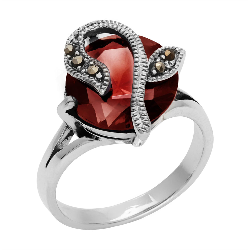 
                  
                    Sterling Silver Marcasite Red Round Cut CZ Flower Ring
                  
                