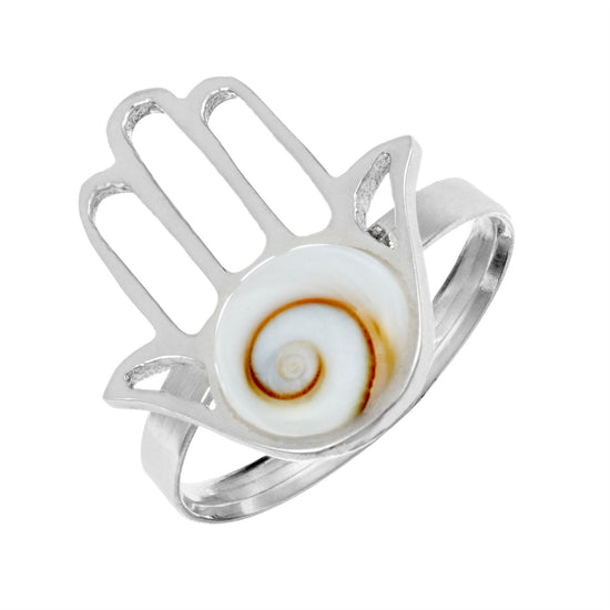 Sterling Silver Shiva Eye Shell Cut-Out Fatima Hand Ring - Adjustable Band