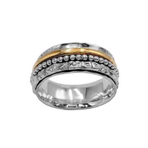 
                  
                    Sterling Silver Wide Hammered Concave Ring - Three Band Spinner With Brass
                  
                
