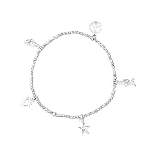 Sterling Silver Ball Stretch Bracelet with Dangling Fish, Peace, Star and Heart Charms