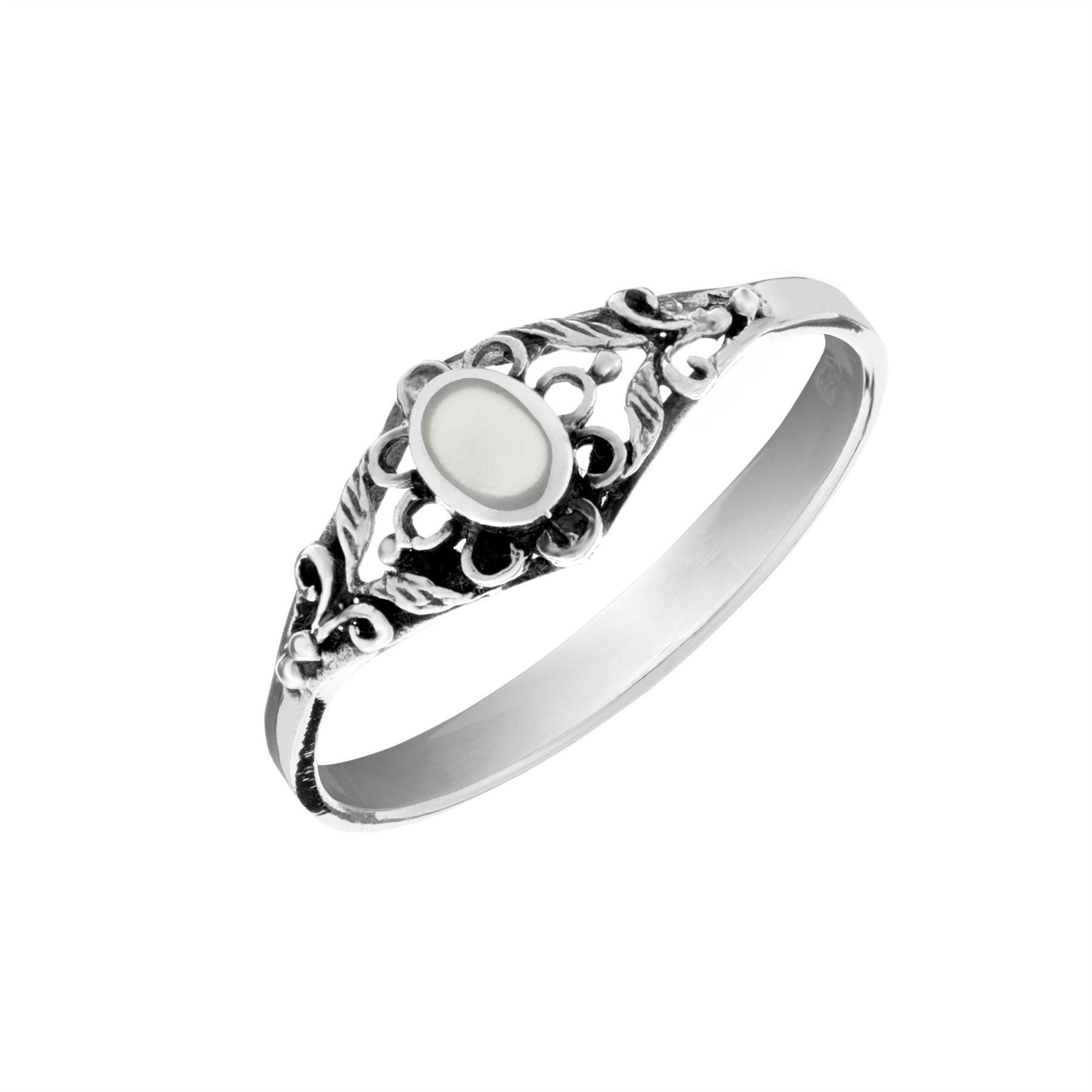 Sterling Oval Mother Pearl Floral Filigree Ring Vintage Style Band
