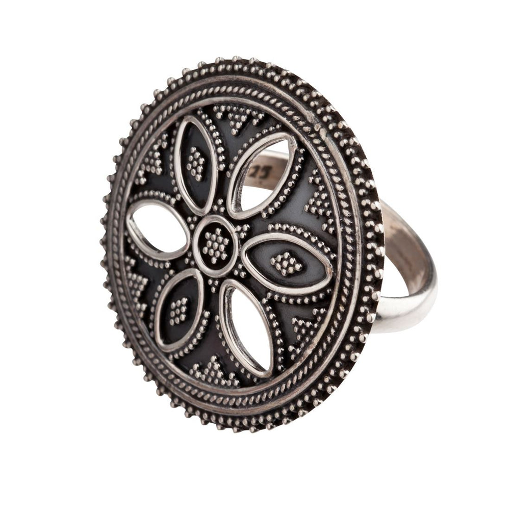 Sterling Silver Oxidised Dot Work Flower Round Disc Tribal Ring