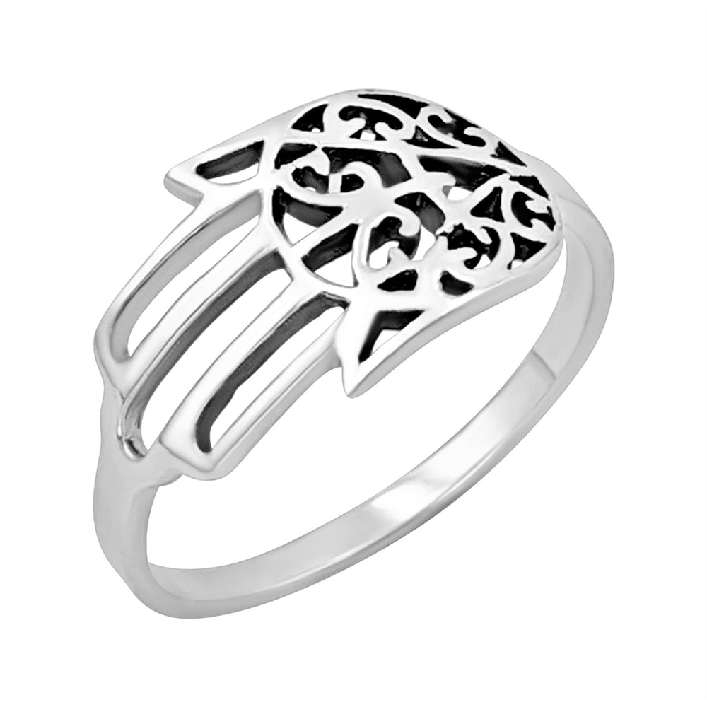 Sterling Silver Large Hamsa Hand Band Ring - Filigree Cut-Out Design