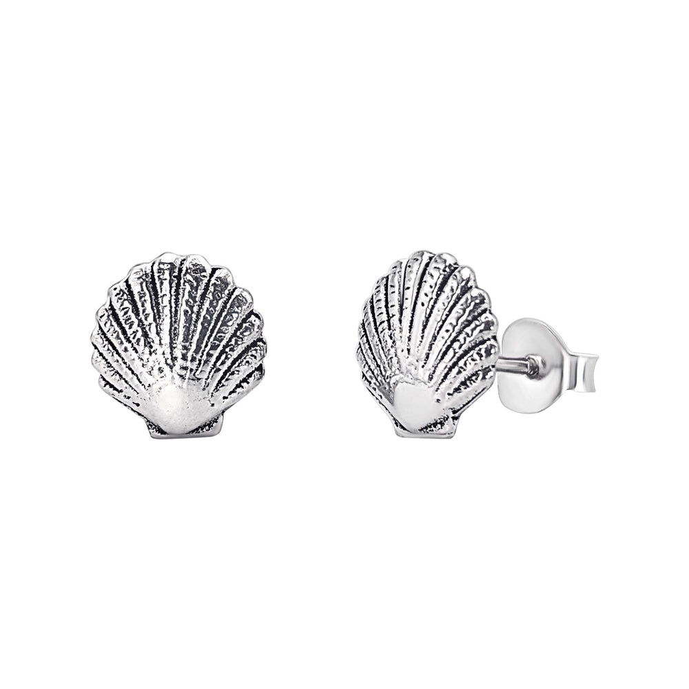 Sterling Silver Scallop Seashell Stud Earrings -  Beach Style Studs