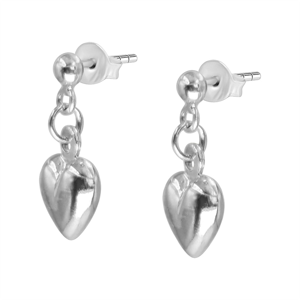 Sterling Silver Puffed Heart Drop Earrings - Valentine's Day Studs