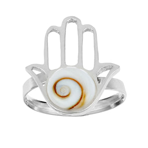 
                  
                    Sterling Silver Shiva Eye Shell Cut-Out Fatima Hand Adjustable Ring
                  
                
