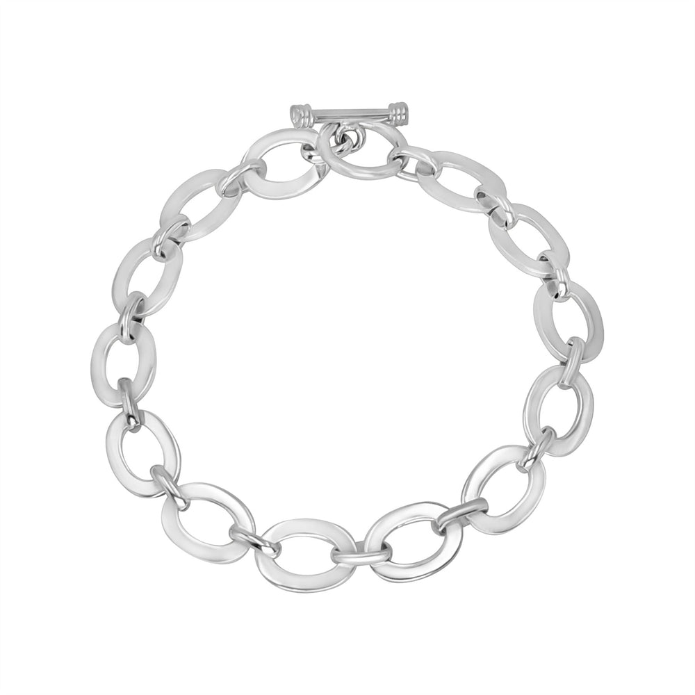 Sterling Silver Wide Oval Link Chain Bracelet with T-Bar Clasp