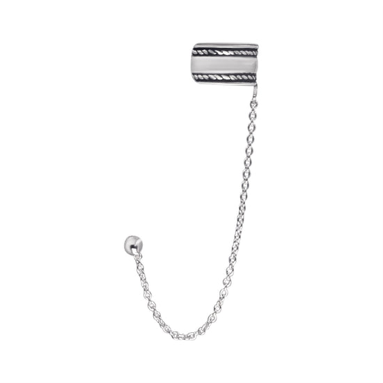 Sterling Silver Barrel Ear Cuff With Chain Connected Stud Earring