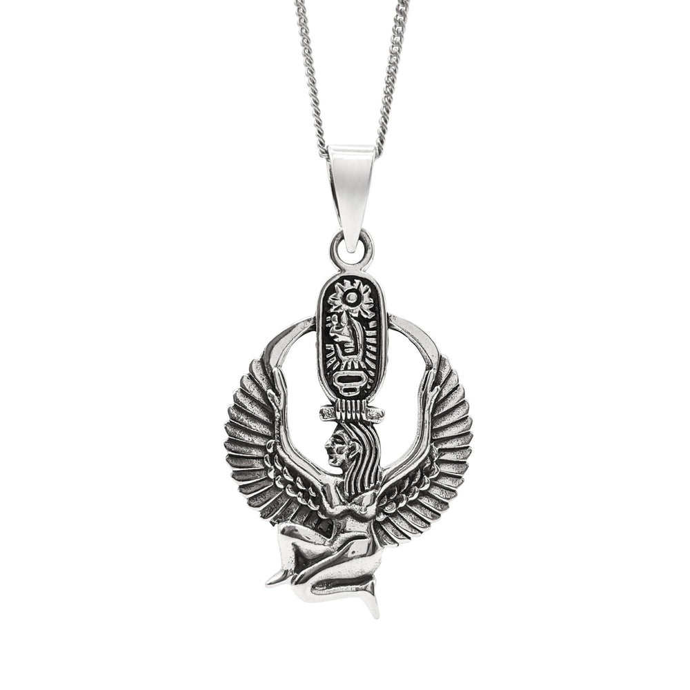 Sterling Silver Winged Kneeling Isis Cartouche Pendant Necklace
