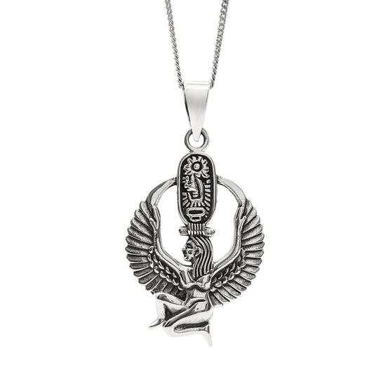 Sterling Silver Winged Isis Necklace - Egyptian Goddess Cartouche Pendant
