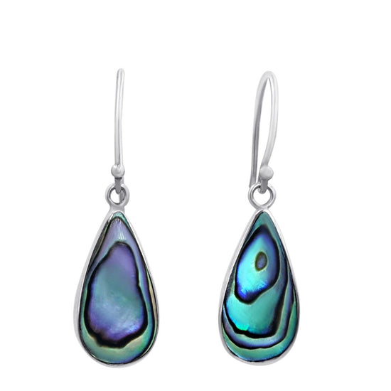 A pair of sterling silver teardrop-shaped earrings with abalone shell inlay.
