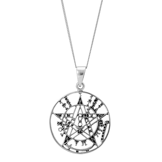 Sterling Silver Tetragrammaton Pentagram Disc Pendant - Medallion Necklace