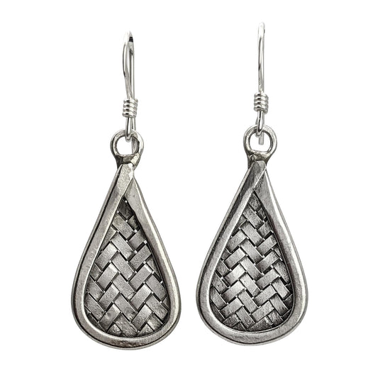 Hill Tribe Silver Teardrop Basket Weave Earrings - Handcrafted Artisanal Design