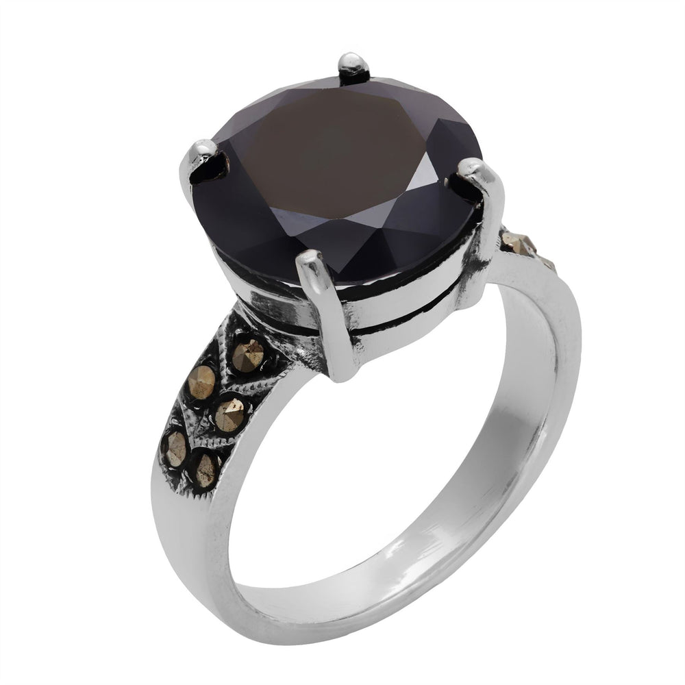
                  
                    Sterling Silver Marcasite Black Cubic Zirconia Round Ring
                  
                
