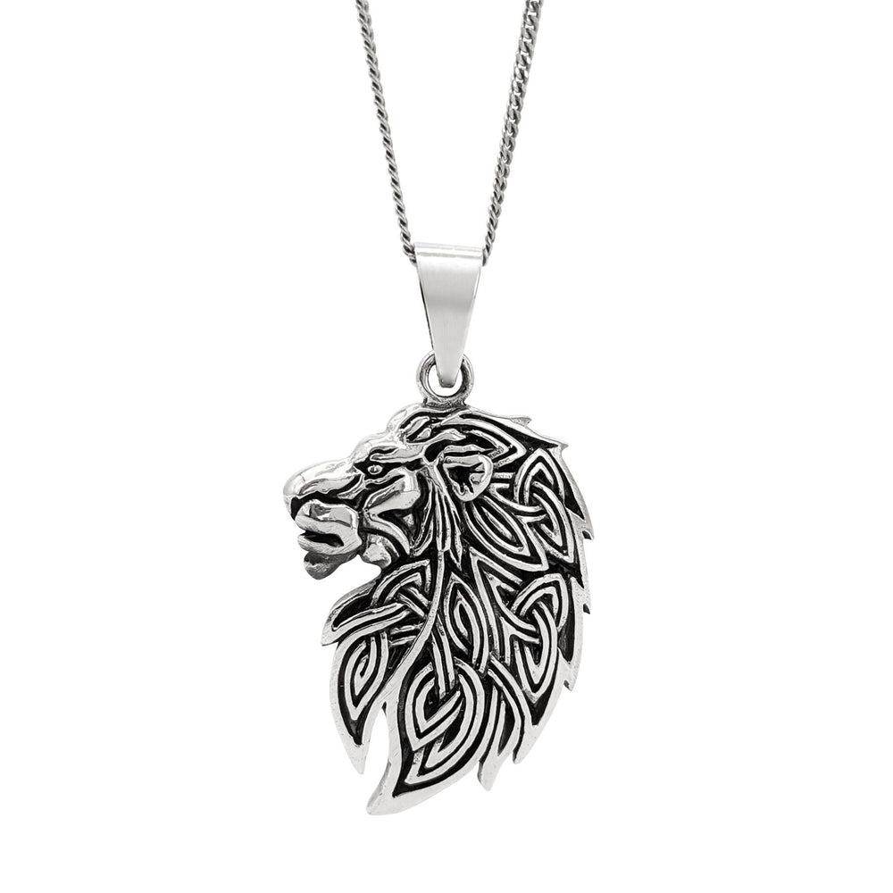 Sterling Silver Large Celtic Knot Lion Head Pendant Wicca Necklace