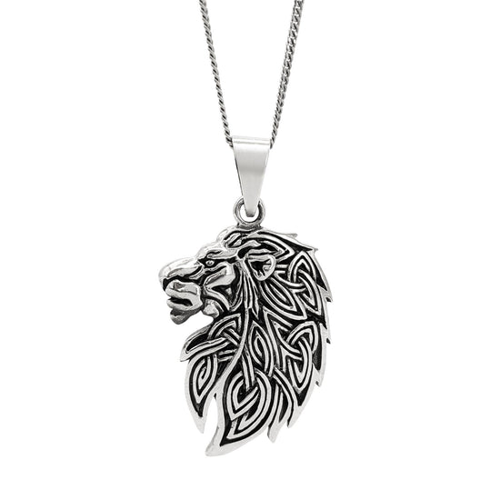 Sterling Silver Large Celtic Knotwork Lion Head Pendant Necklace