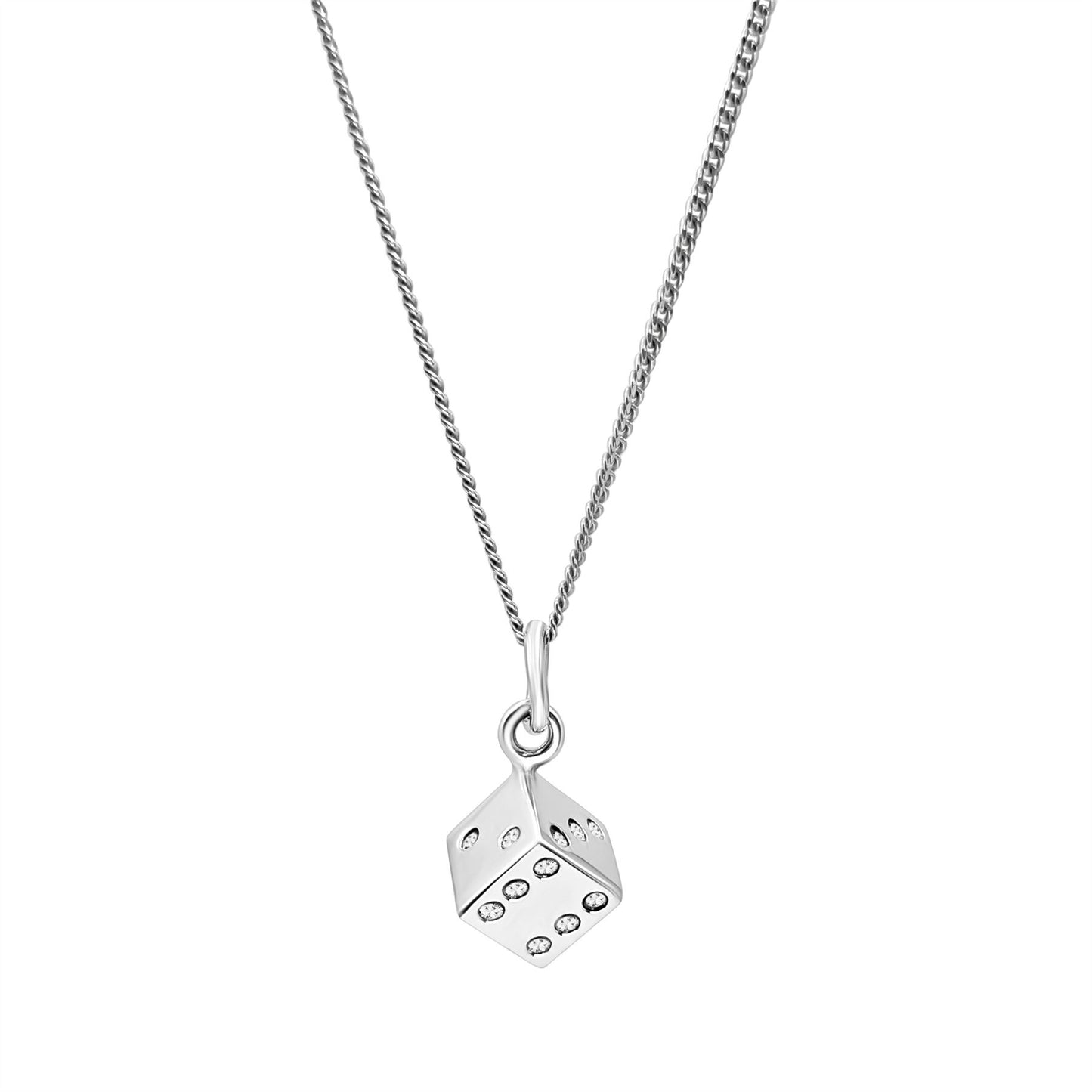 A sterling silver dice pendant necklace with a 3D cube design on a curb chain.