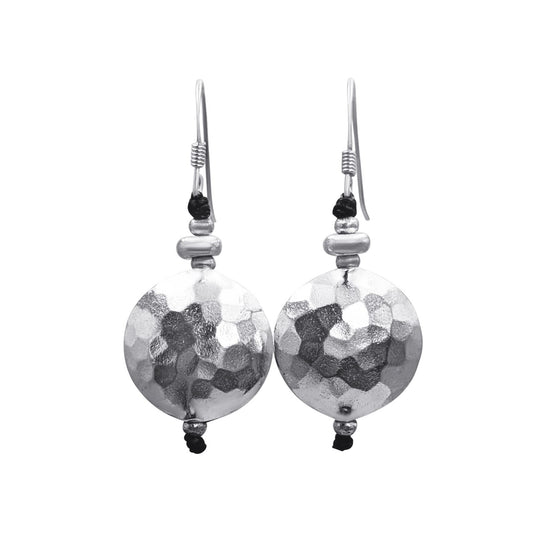 Hill Tribe Silver Round Puffed Bead Hammered Dangle Earrings