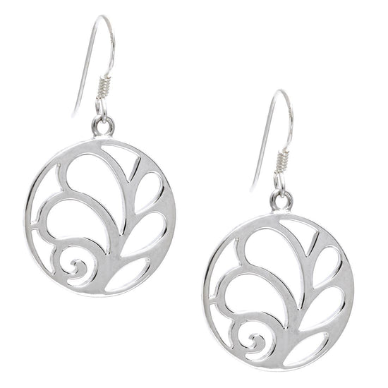 Sterling Silver Round Filigree Cut-Out Curved Leaf Dangle Earrings