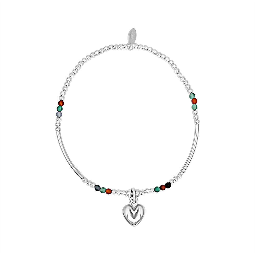 Sterling Silver Multicoloured Agate Bead Bracelet with Puffed Heart